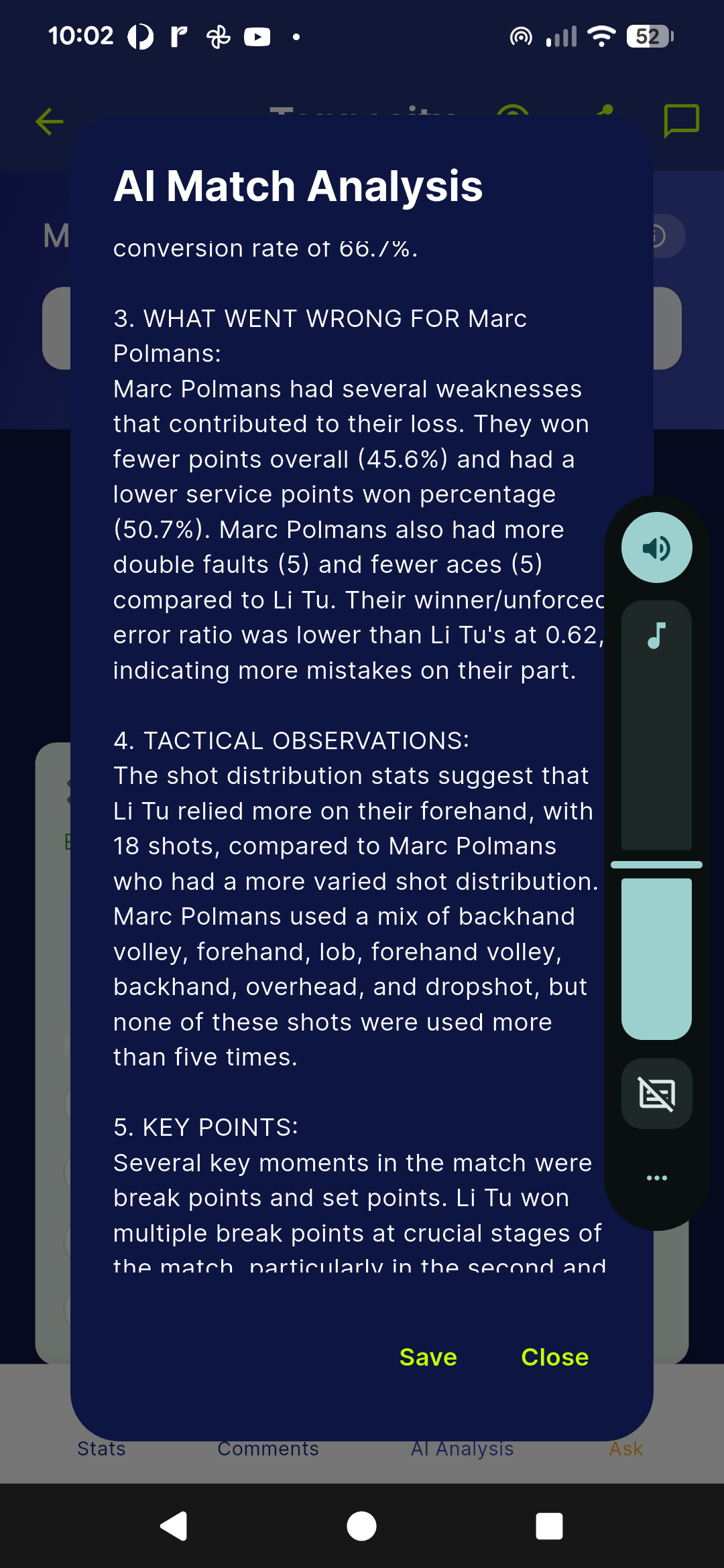 AI match analysis screen
