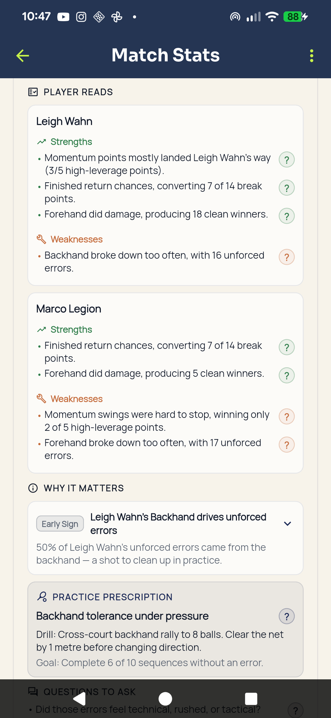 Player Profile reads in Tennasity