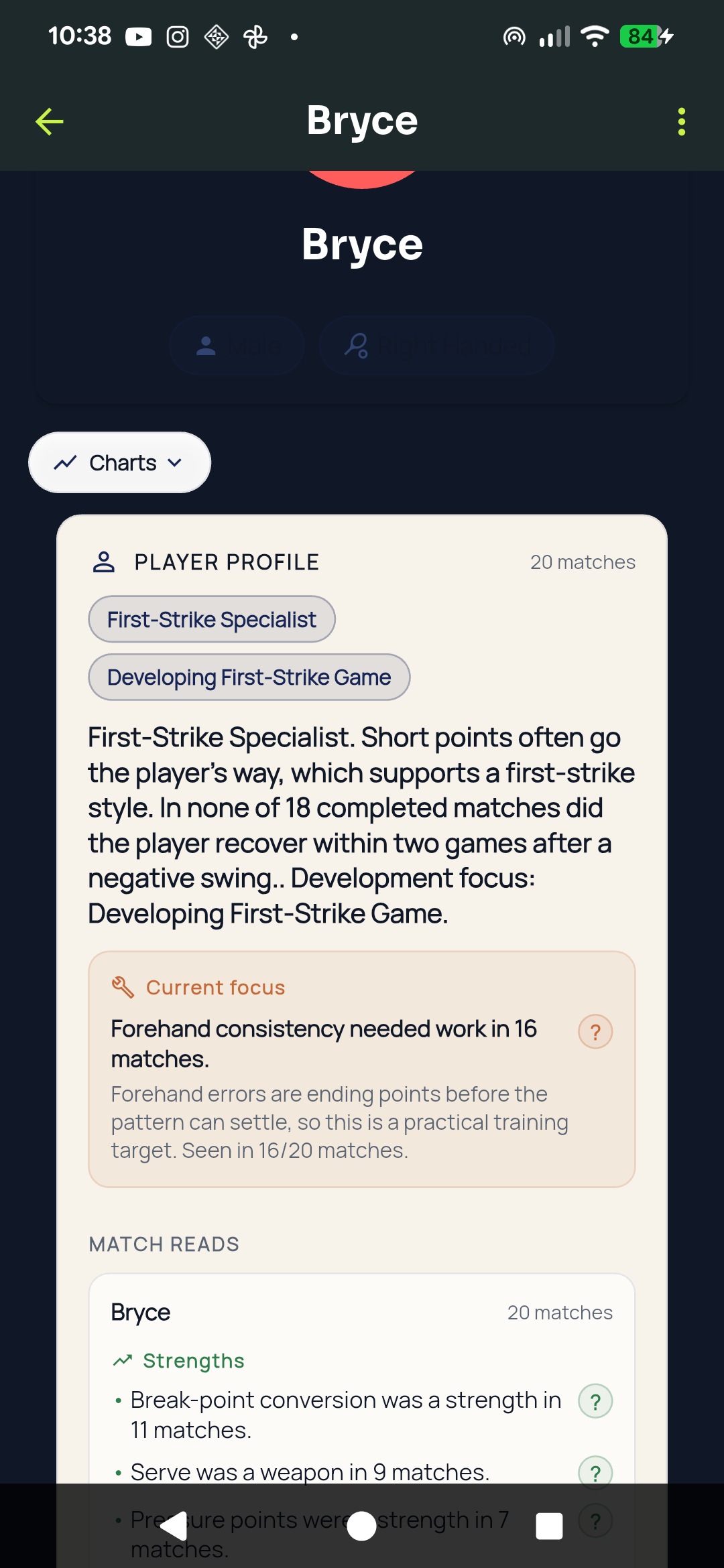 Tennasity Player Profile with strengths, weaknesses, and training focus
